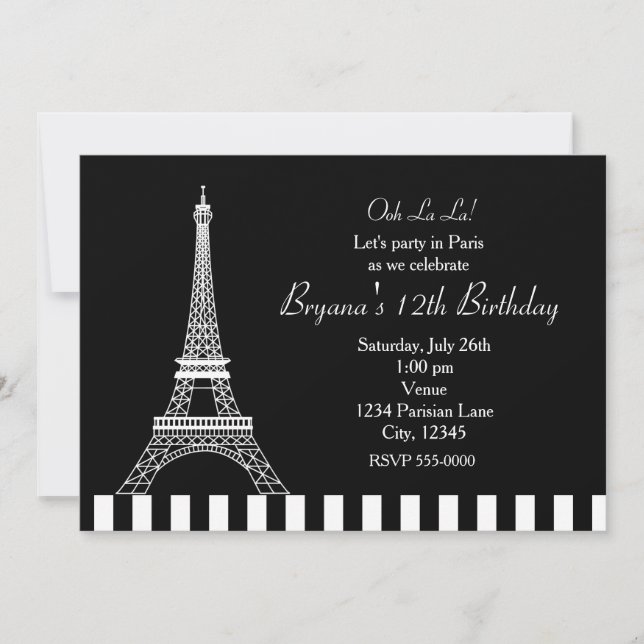 Convite de festa preto e branco Torre Eiffel Paris (Frente)