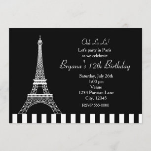 Convite de festa preto e branco Torre Eiffel Paris
