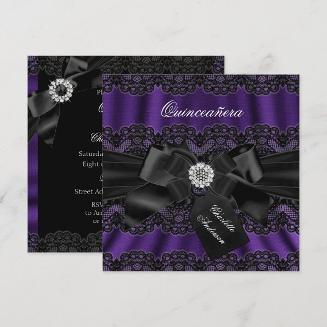 Convite de festa Quinceanera com Laço e Renda Pret (Frente/Verso)