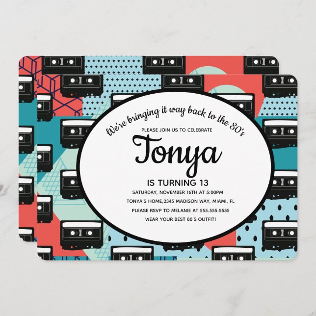 Convite de Festa Retro de Cassete dos Anos 80 e 90 (Frente/Verso)