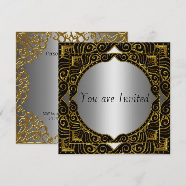 Convite de festa retrô dourado prata preto (Frente/Verso)