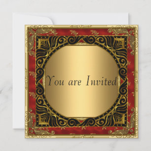 Convite de Festa Retro Preto Vermelho Dourado