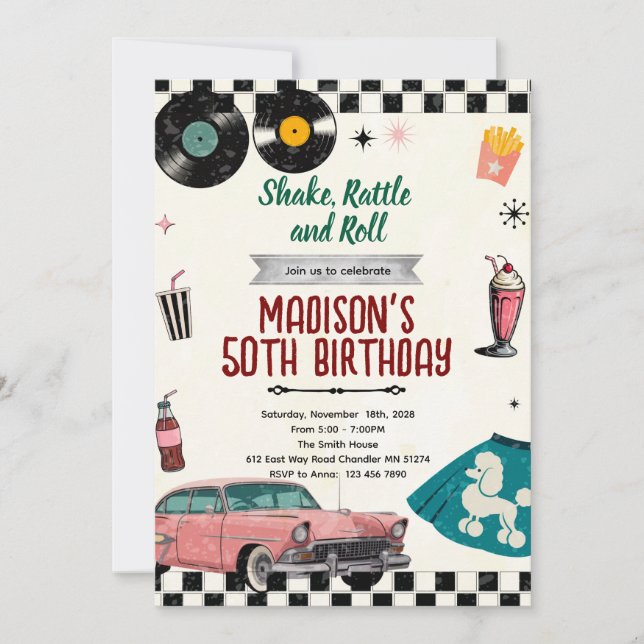 Convite de festa retrô Sock Hop anos 50 (Frente)