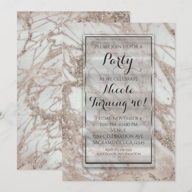 Convite de Festa Rosa Glam Marble Dourado Prata (Frente/Verso)