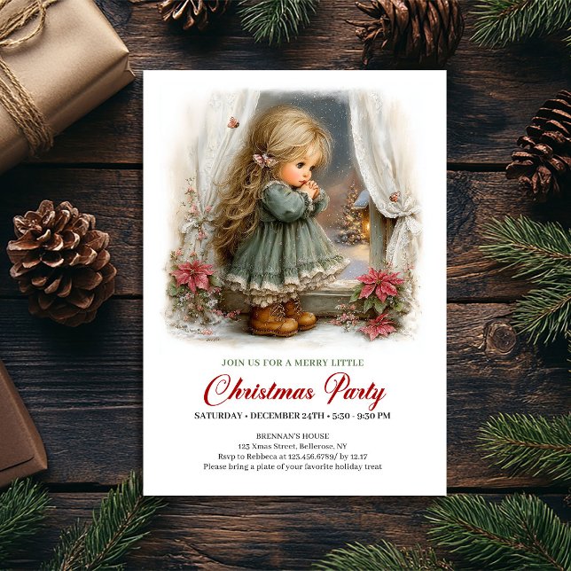 Convite de Festa Sazonal Menina Fofa Cena de Inver (Seasonal Party Invitation Cute Girl Winter Scene Art)