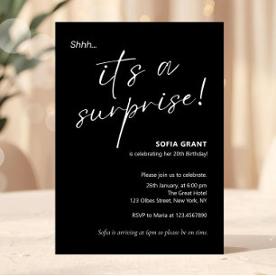 Convite de Festa Surpresa Preto Minimalista Elegan
