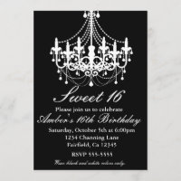 Convite de festa Sweet 16 com lustre preto e branc