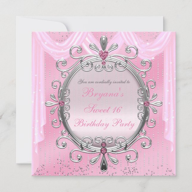 Convite de festa Sweet 16 com moldura fancy rosa p (Frente)
