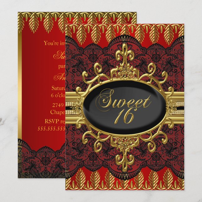 Convite de festa Sweet 16 com renda de folha verme (Frente/Verso)