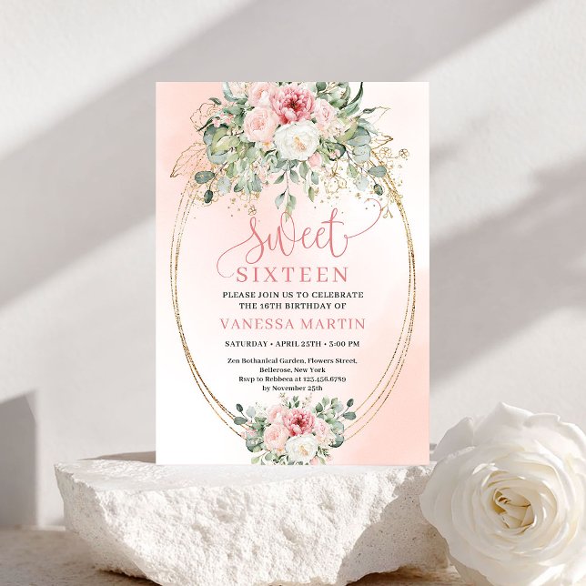 Convite de festa Sweet 16 em rosa e dourado para i (Printable Blush and Gold Sweet 16 Party Invitation)
