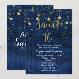 Convite de festa Sweet 16 estrelas azul brilhante 