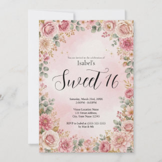 Convite de festa Sweet 16 Floral Rosa Bonito
