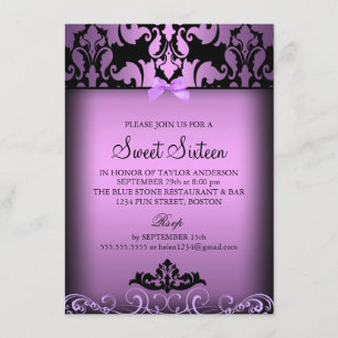 Convite de festa Sweet Sixteen roxo elegante em da