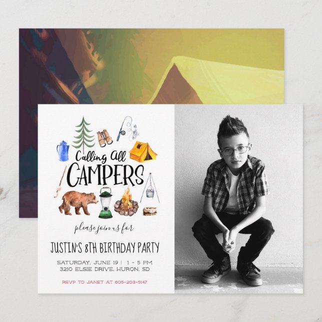 Convite de Festa Tema Acampamento (Frente/Verso)