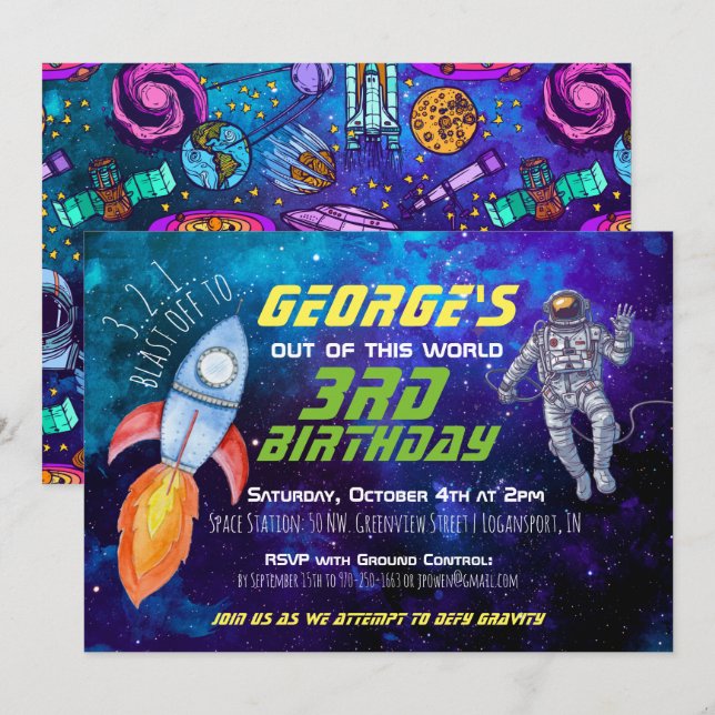 Convite de festa temática de espaço sideral (Frente/Verso)