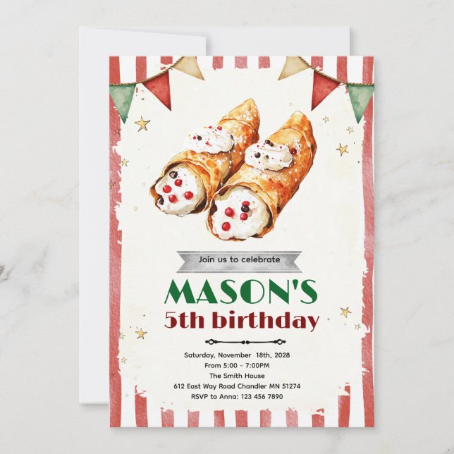 Convite de festa temática italiana Cannoli (Frente)