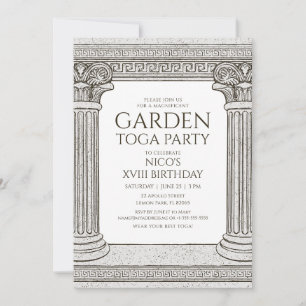 Convite de festa toga no jardim com colunas de ped
