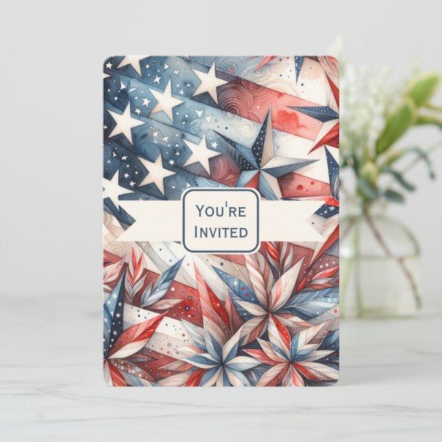 Convite de Festa Vermelho Branco e Azul Festivo (Em pé/Frente)