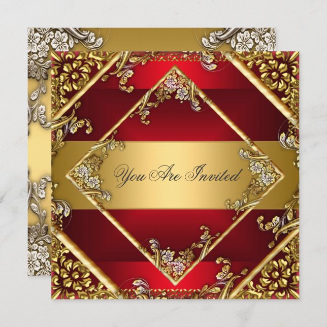Convite de Festa Vermelho Dourado Quadro Floral (Frente/Verso)