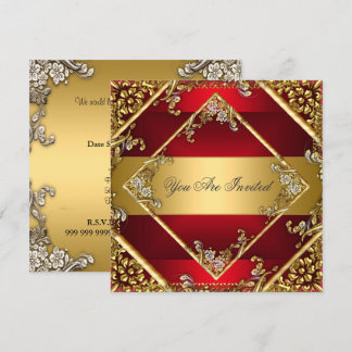 Convite de Festa Vermelho Dourado Quadro Floral