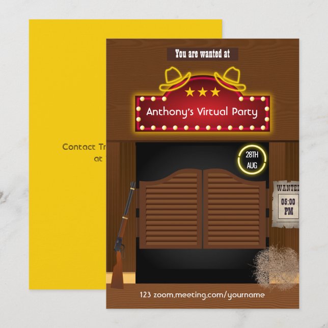 Convite de Festa Virtual do Cowboy do Oeste Selvag (Frente/Verso)