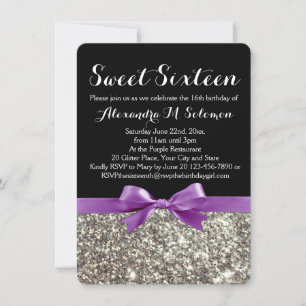 Convite de festas 16 Doce Glitter Prateado Roxo