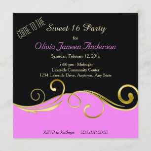 Convite de festas 16 Dourado giro preto-rosa doce