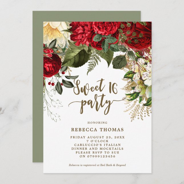 convite de festas 16 floral vermelho de inverno Sw (Frente/Verso)