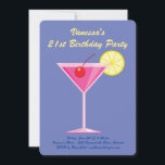 Convite de festas aniversário de 21 anos de Verão<br><div class="desc">Este convite de aniversário colorido é acentuado com um coquetel cor-de-rosa divertido sobre um fundo violeta brilhante, fazer-o perfeito para o Partido aniversário de 21 anos do Verão, tropical, luau ou ao largo da costa. É fácil personalizar com seus próprios detalhes e idade; no entanto, se você precisar de ajuda...</div>