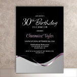 Convite de festas aniversário de 30 anos de Prata<br><div class="desc">Este moderno convite de festas preto e prateado irradia elegância e sofisticação simples. Sua design apresenta um esquema de cor preto e prateado, separado por uma onda fluida e uma fita cor-de-rosa na moda que flui de um lado para o outro. A área de texto personalizável permite que você inclua...</div>