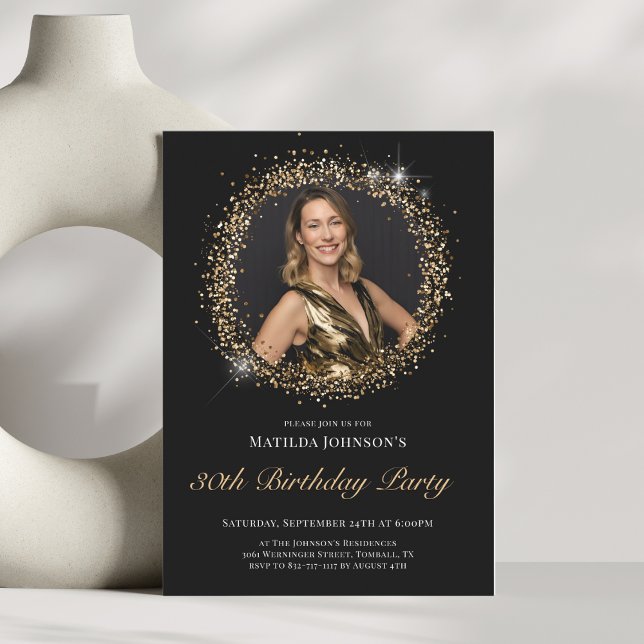 Convite de festas aniversário de 30 anos Dourado b (Glitter Black Gold 30th Birthday Party Invitation)