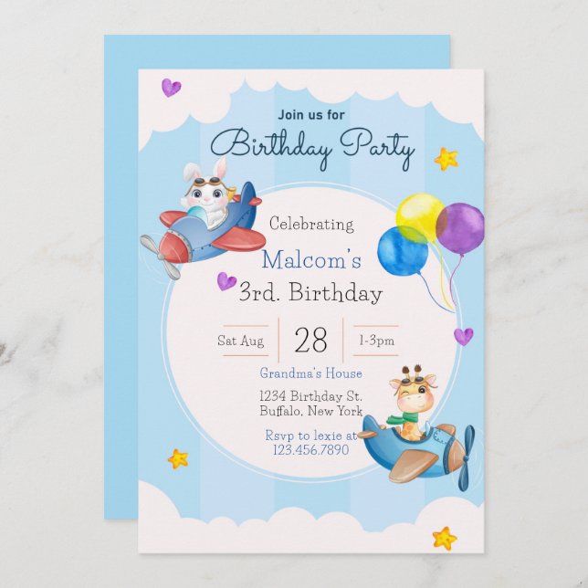 Convite de festas aniversário de 3 anos Para Cima  (Frente/Verso)