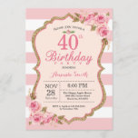 Convite de festas aniversário de 40 anos de Peonie<br><div class="desc">Convite de festas de aniversário de 40 anos de Peões Rosa Floral para mulheres. Dourada Glitter. Chic Floral de Flor de Água. Listras brancas e rosa. 13 15 16º 18º 20 21 rua 30 40º 50º 80 de 60º 70 de 100º, qualquer idade. Digital Imprimível. Para mais personalização, clique no...</div>