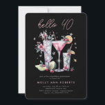 Convite de festas aniversário de 40 anos moderno<br><div class="desc">Convite de festas moderno de aniversário de 40 anos da Glittery - com cocktails espumantes com tipografia moderna com um pouco de brilho jogado. Prata e rosa-pincelado são dramáticos em um fundo preto. A parte de trás do convite está coordenando o brilho para um toque festivo.</div>