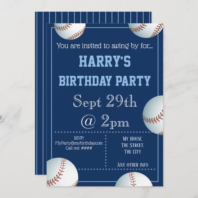 Convite de festas Baseball Editável (Frente/Verso)