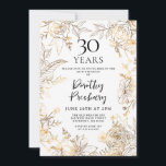 Convite de festas Branco Floral Dourado<br><div class="desc">Rosas de arte elegantes de linha dourada e deixa em volta os detalhes do seu aniversário de 30 anos.</div>