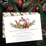 Convite de festas Bridal Tea<br><div class="desc">Este convite festivo para o chá de chá de panela da época de Natal apresenta um pote de chá enfeitado com ramos de sagrado e de morango. O convite é perfeito para celebrar a noiva que se aproxima durante o feriado. A frente do convite apresenta o pote do chá e...</div>