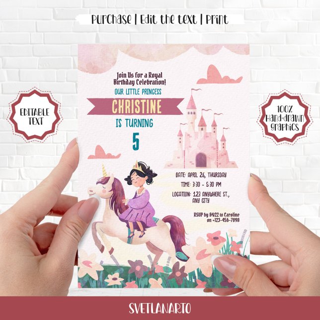 Convite de festas Brunette Princess Riding Unicorn (Criador carregado)
