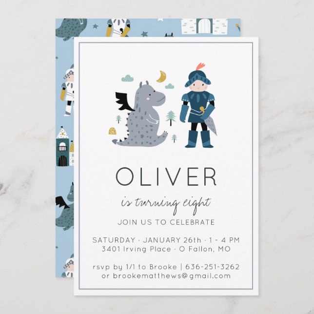 Convite de festas Cavaleiros e Dragões (Frente/Verso)