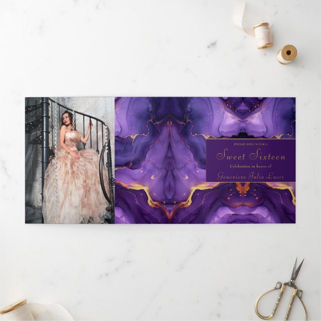 Convite de festas Chic Purple e Dourado Sweet 16 (Fora)