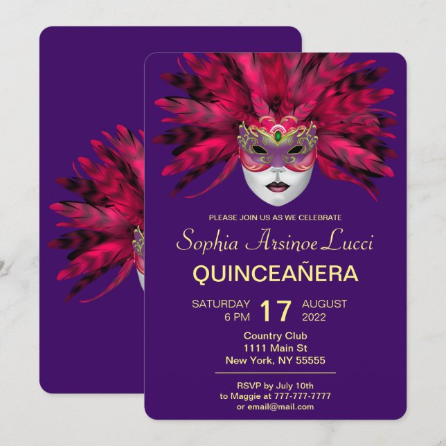 Convite de festas Colorida Mascarada Quinceañera (Frente/Verso)