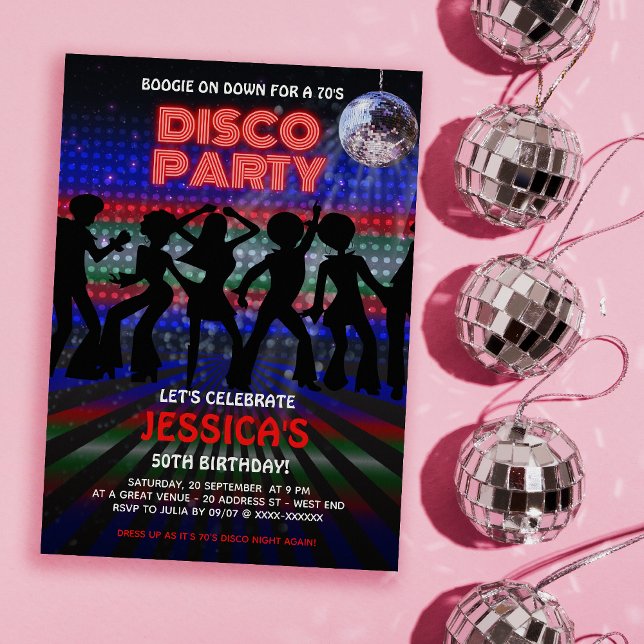 Convite de festas Colorido de Dança Disco 70s (Time to get you groove on with our out of sight, 70s Disco Party birthday invitation. )