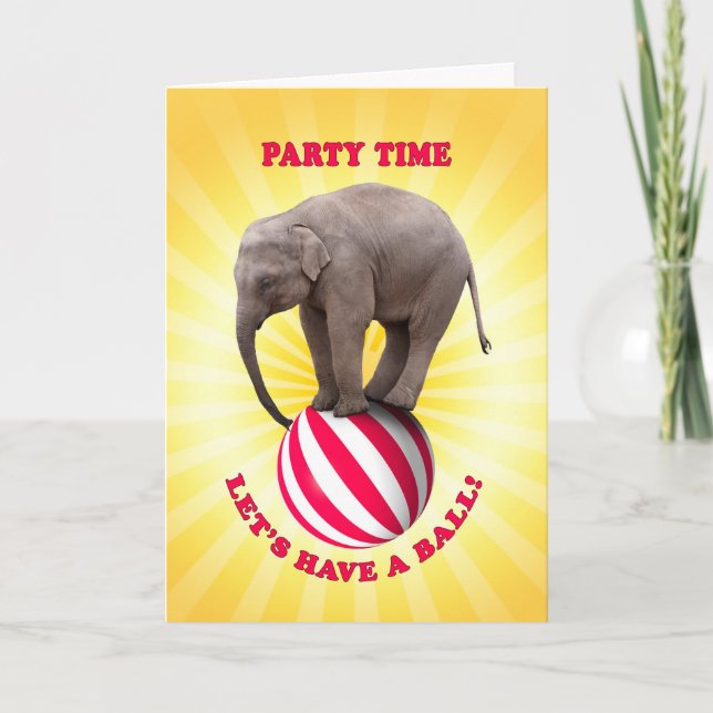 Convite de festas com elefante feliz em uma bola (Frente)