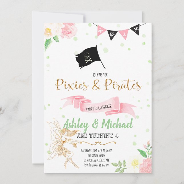 Convite de festas da fada e do pirata (Frente)