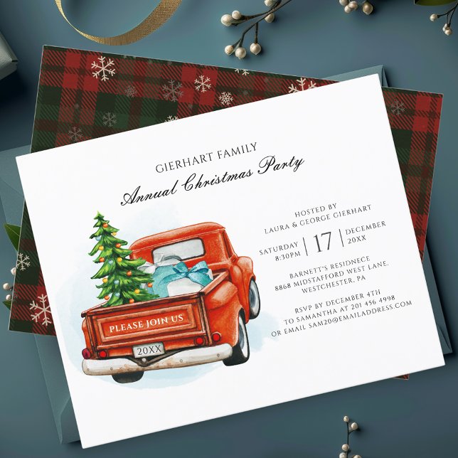 Convite de festas da família Red Truck Script de N (Rustic Christmas Party Red Truck Elegant Invitation)