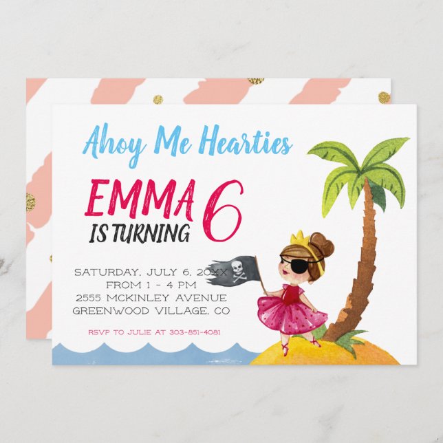 Convite de festas da Rainha Pirata (Frente/Verso)