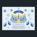 Convite de festas da troca do presente de Hanukkah<br><div class="desc">Comece o divertimento de seu partido de Hanukkah com este convite delicioso que caracteriza a estrela de David, um menorah e dreidels nas máscaras do azul e do ouro. (Projetado por Freepik). O cartão é fácil de personalizar com seus fraseio, opções da pia batismal, do cor da pia batismal, as...</div>
