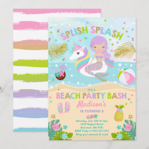 Convite de festas Da Unicórn E Da Mermaid Beach