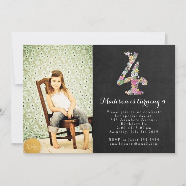 Convite de festas de 4 de aniversário para meninas (Frente)