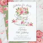 Convite de festas de Aniversário do Tea Cup Floral<br><div class="desc">Xícaras de chá de porcelana,  com flores rosa bonito,  colocadas sobre fundo branco,  com um fundo floral verde coordenado para um toque especial extra.</div>
